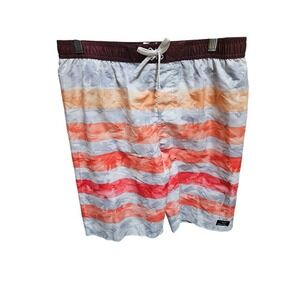 Boys Striped‎ Swim Trunks Medium Coral Orange Grey White Beach Pool Shorts